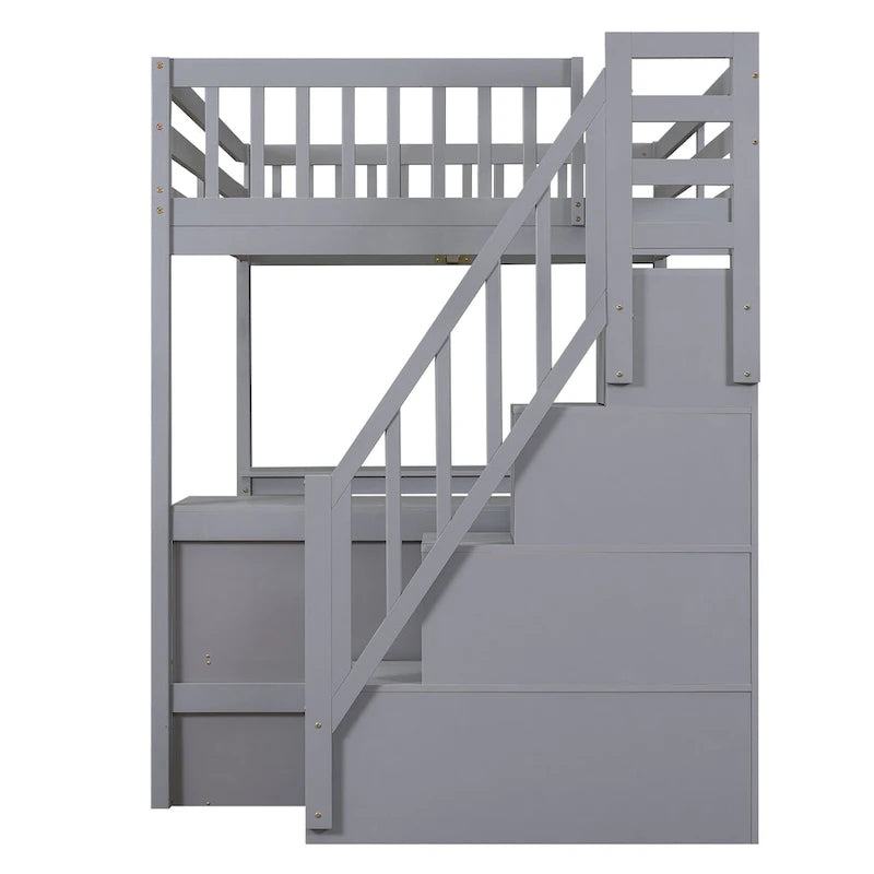 Loft Bed with Built-In L-Shaped Desk and 3-Tier Storage Shelves and Attached Storage Staircase