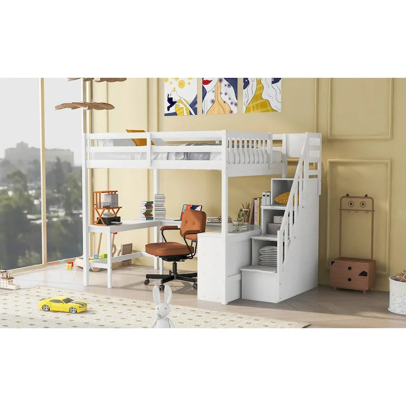 Lit mezzanine avec bureau en L intégré, étagères de rangement à 3 niveaux et escalier de rangement attenant