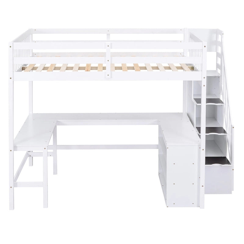 Lit mezzanine avec bureau en L intégré, étagères de rangement à 3 niveaux et escalier de rangement attenant