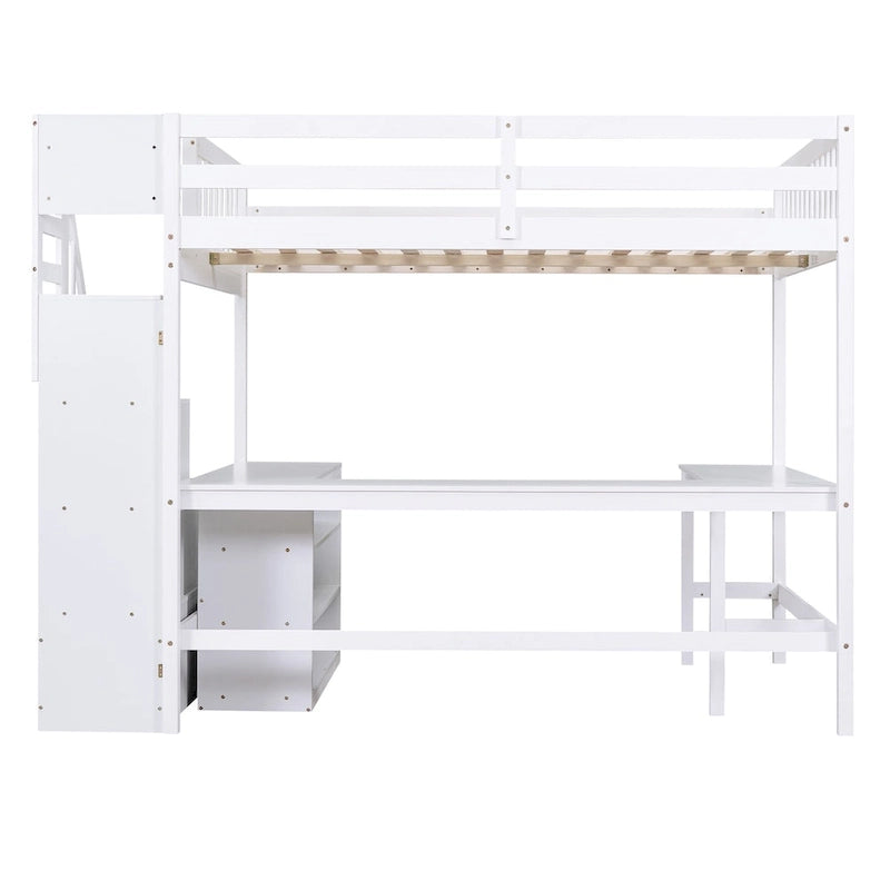 Lit mezzanine avec bureau en L intégré, étagères de rangement à 3 niveaux et escalier de rangement attenant