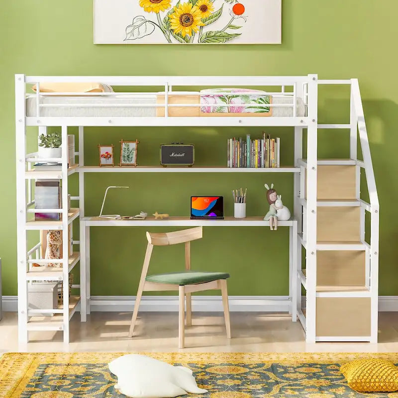 Lit mezzanine en métal avec escalier, bureau intégré et étagères de rangement
