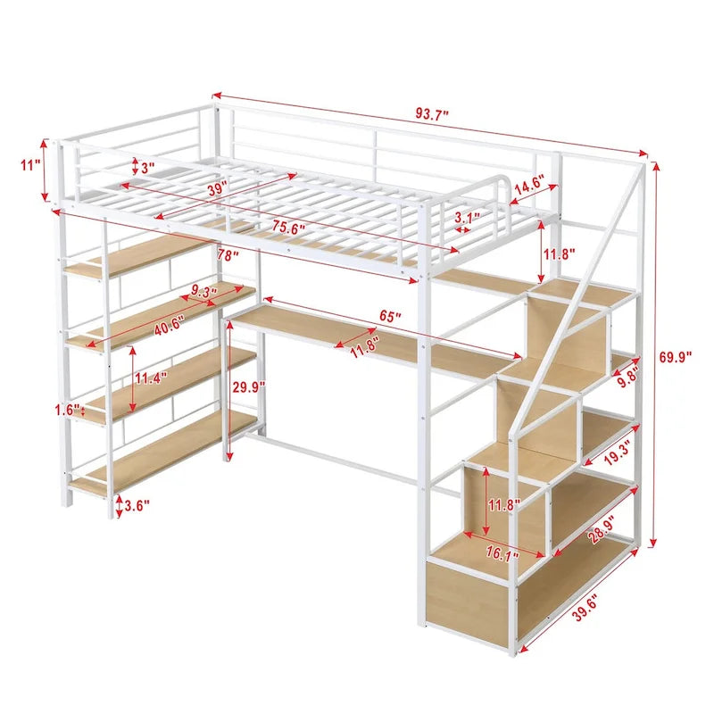 Lit mezzanine en métal avec escalier, bureau intégré et étagères de rangement