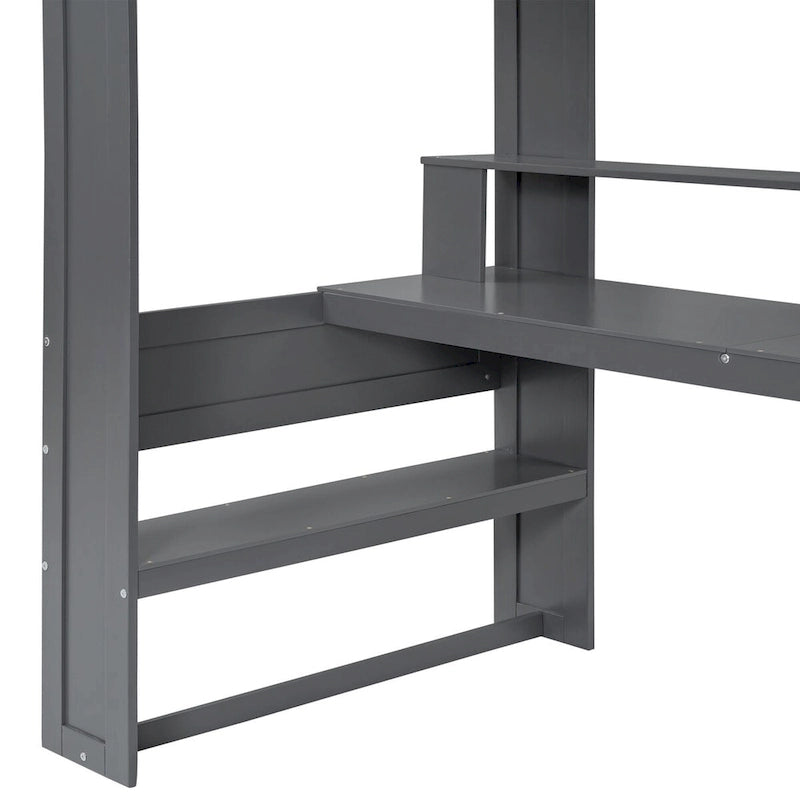 Wood Twin Size Gaming Loft Bed with Desk, Multi-storage Shelves, LED and Charging Station, Dark Gray
