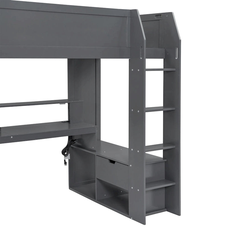 Lit mezzanine de jeu en bois pour jumeaux avec bureau, étagères de rangement multiples, LED et station de recharge, gris foncé
