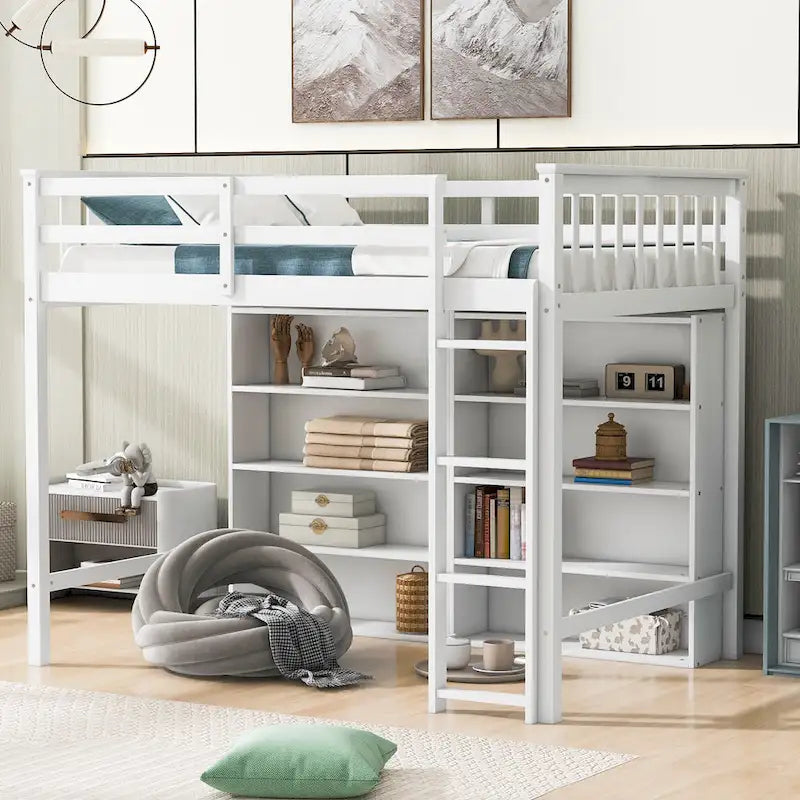 Lit mezzanine en bois, taille double, avec 8 étagères de rangement ouvertes, lit mezzanine multifonctionnel