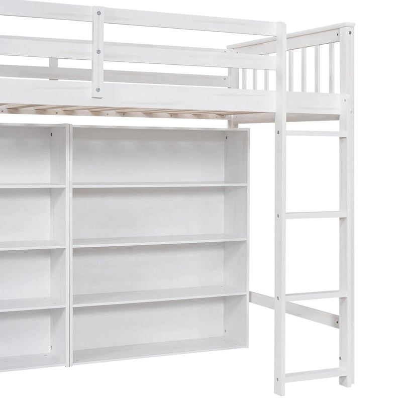 Lit mezzanine en bois, taille double, avec 8 étagères de rangement ouvertes, lit mezzanine multifonctionnel