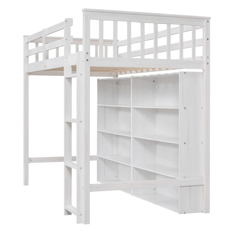 Lit mezzanine en bois, taille double, avec 8 étagères de rangement ouvertes, lit mezzanine multifonctionnel