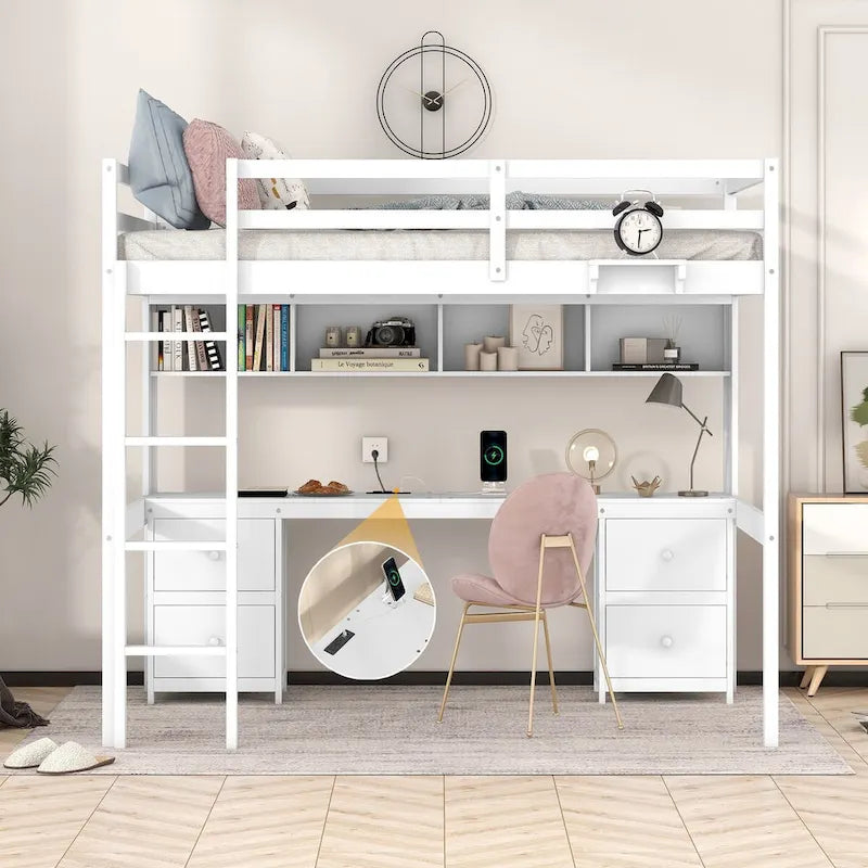 Full Size Wood Loft Bed with Integrated Desk, Storage Cabinets, Drawers, Bedside Tray, and Charging Station