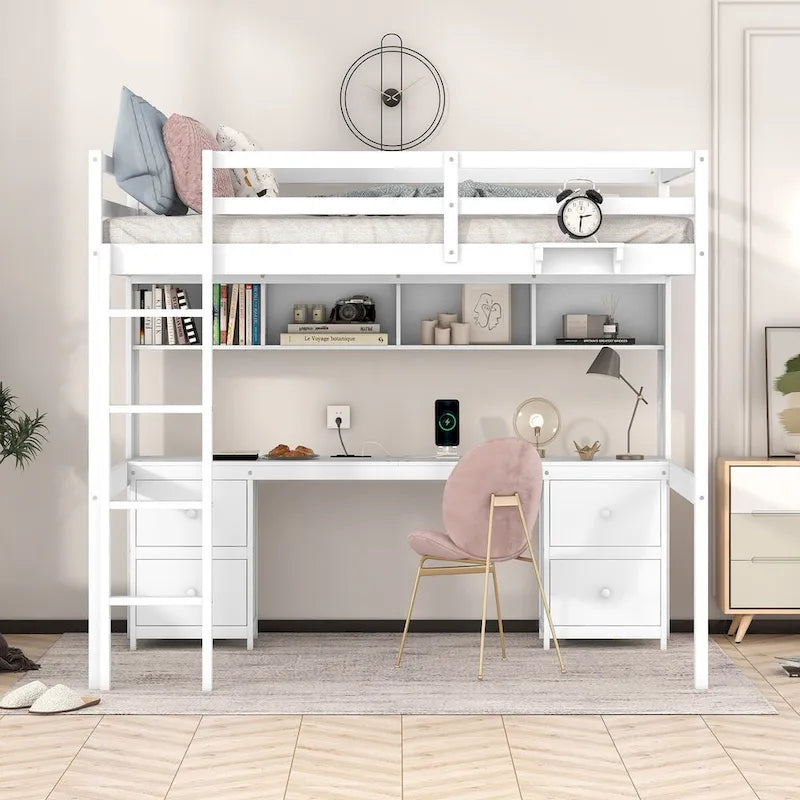 Lit mezzanine double en bois avec bureau intégré, armoires de rangement, tiroirs, tablette de chevet et station de recharge