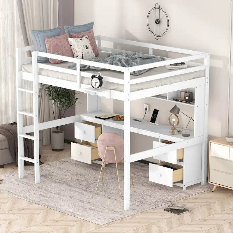 Lit mezzanine double en bois avec bureau intégré, armoires de rangement, tiroirs, tablette de chevet et station de recharge