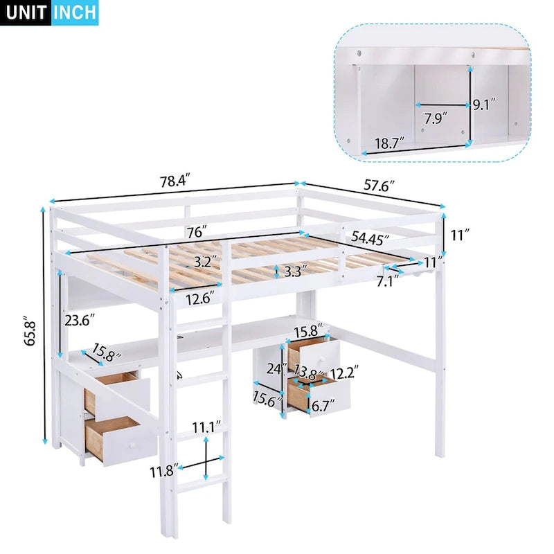 Lit mezzanine double en bois avec bureau intégré, armoires de rangement, tiroirs, tablette de chevet et station de recharge