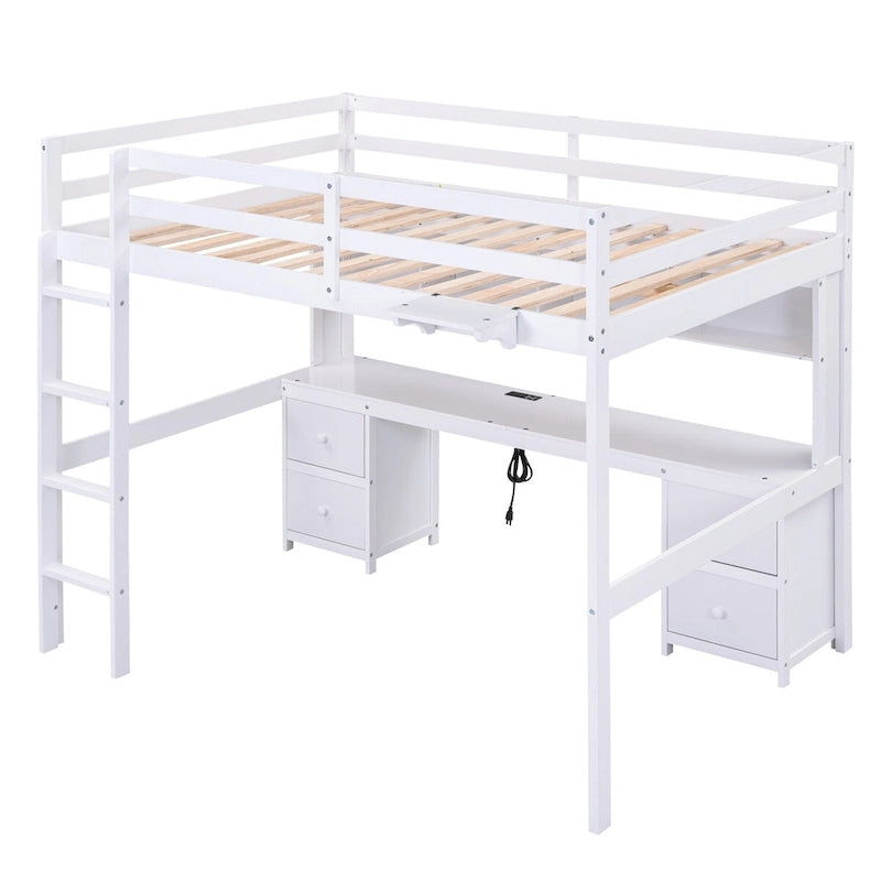 Lit mezzanine double en bois avec bureau intégré, armoires de rangement, tiroirs, tablette de chevet et station de recharge