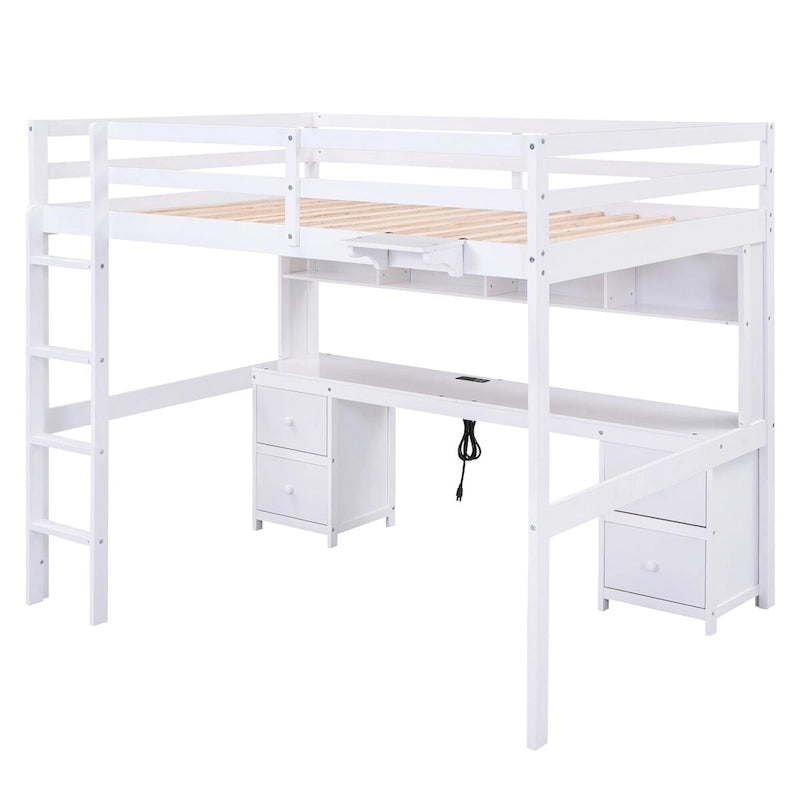 Lit mezzanine double en bois avec bureau intégré, armoires de rangement, tiroirs, tablette de chevet et station de recharge