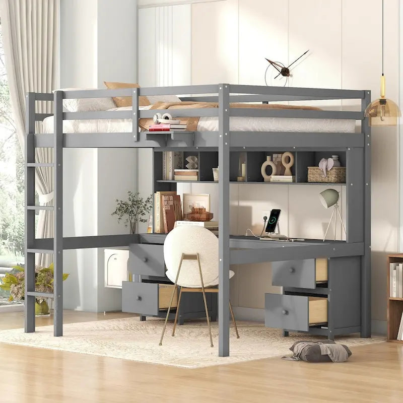 Lit mezzanine double en bois avec bureau intégré, armoires de rangement, tiroirs, tablette de chevet et station de recharge
