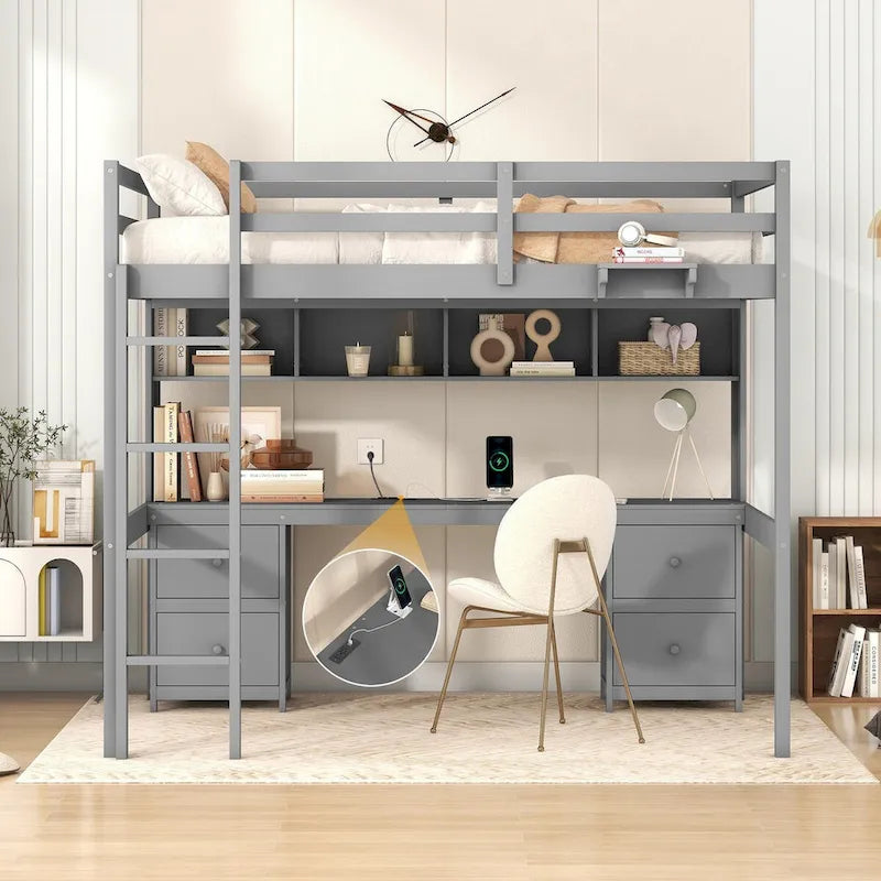 Lit mezzanine double en bois avec bureau intégré, armoires de rangement, tiroirs, tablette de chevet et station de recharge