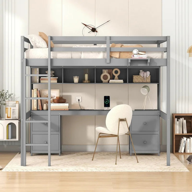 Lit mezzanine double en bois avec bureau intégré, armoires de rangement, tiroirs, tablette de chevet et station de recharge