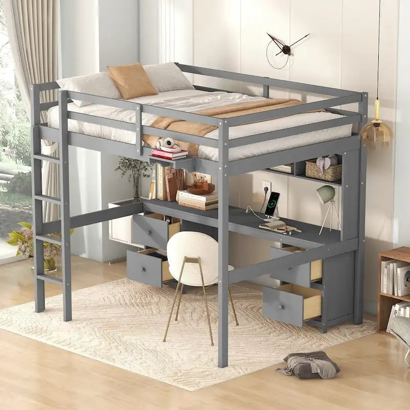 Lit mezzanine double en bois avec bureau intégré, armoires de rangement, tiroirs, tablette de chevet et station de recharge
