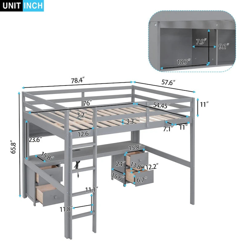 Lit mezzanine double en bois avec bureau intégré, armoires de rangement, tiroirs, tablette de chevet et station de recharge