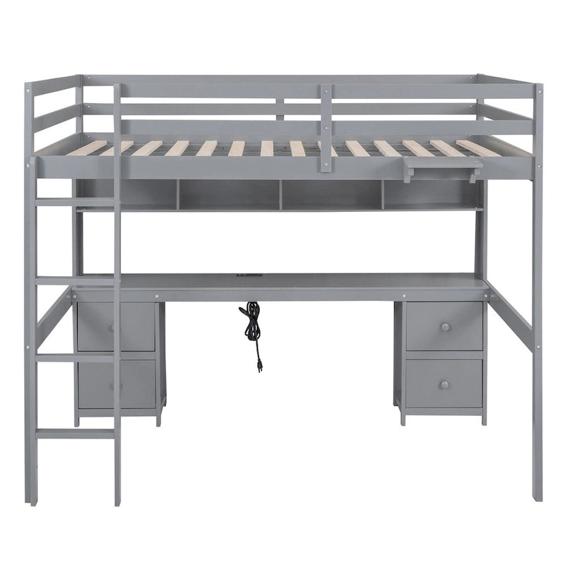 Lit mezzanine double en bois avec bureau intégré, armoires de rangement, tiroirs, tablette de chevet et station de recharge