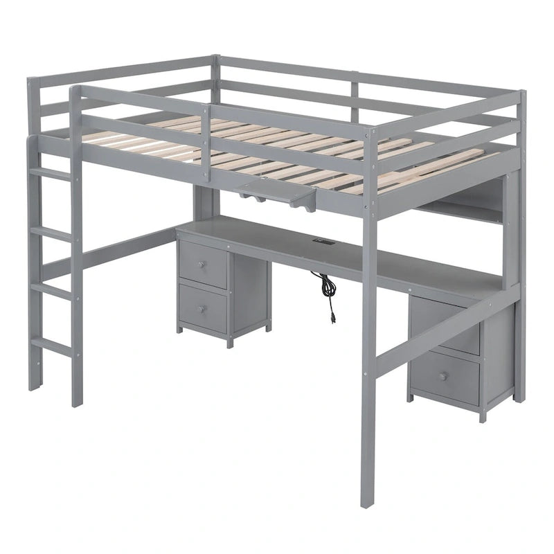Lit mezzanine double en bois avec bureau intégré, armoires de rangement, tiroirs, tablette de chevet et station de recharge