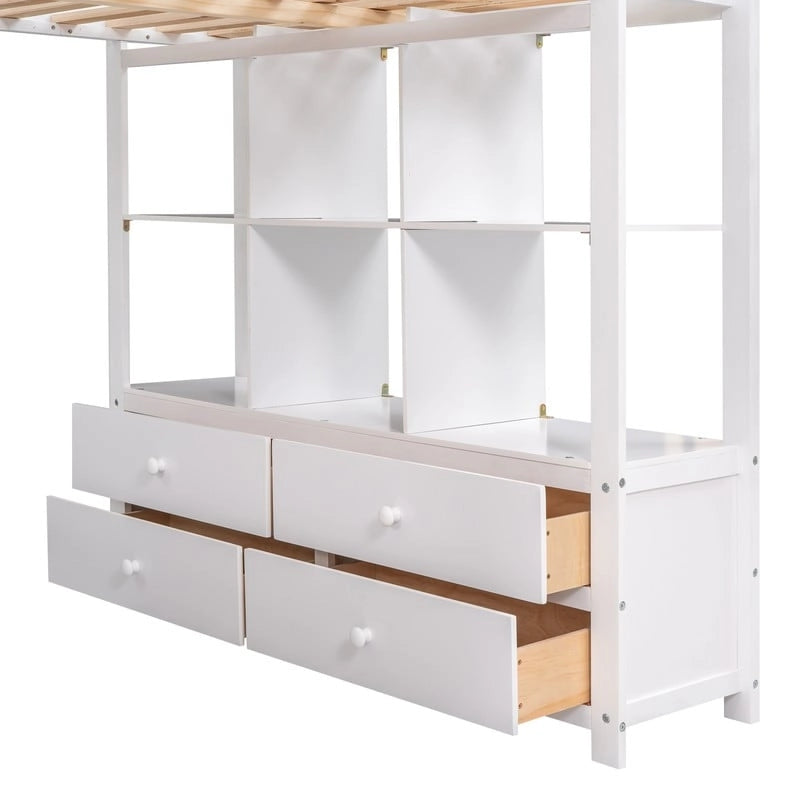 Full Size Loft Bed with Built-in Desk with Drawers and Shelves