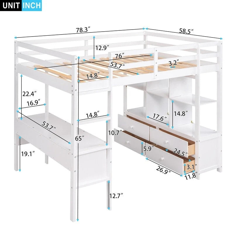 Lit mezzanine double avec bureau intégré, tiroirs et étagères