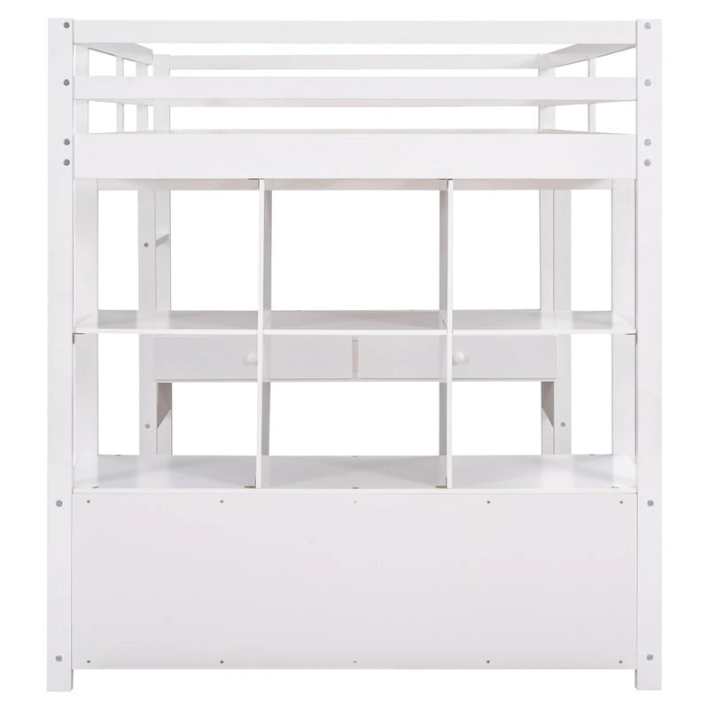 Lit mezzanine double avec bureau intégré, tiroirs et étagères