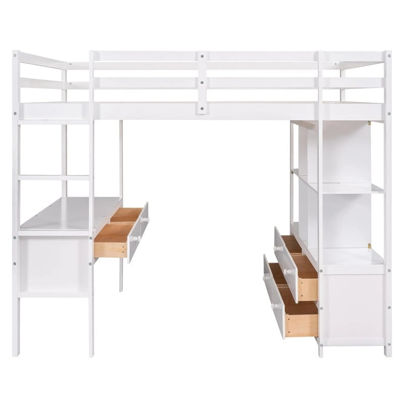 Lit mezzanine double avec bureau intégré, tiroirs et étagères