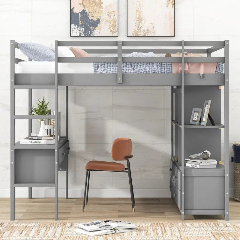 Lit mezzanine double avec bureau intégré, tiroirs et étagères