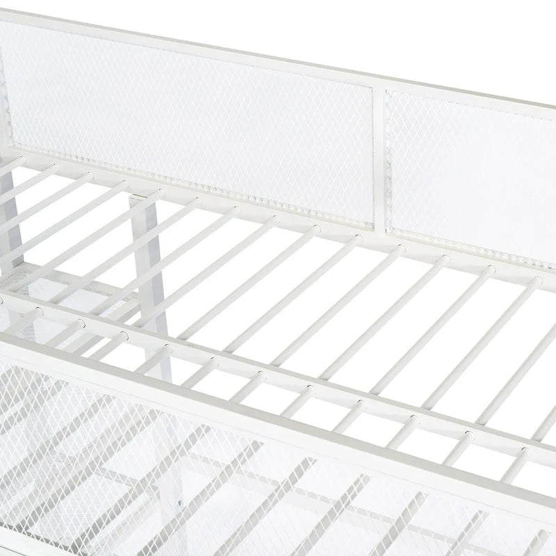 Lit mezzanine double blanc en métal avec étagères, poste de travail, garde-corps