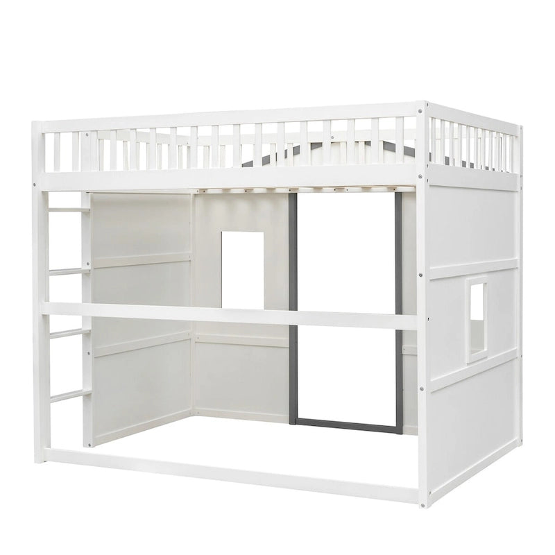 Lit mezzanine en pin massif blanc et gris, style château, avec échelle et barrières de sécurité