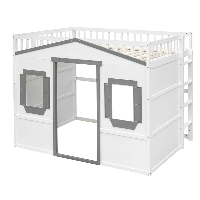 Lit mezzanine en pin massif blanc et gris, style château, avec échelle et barrières de sécurité