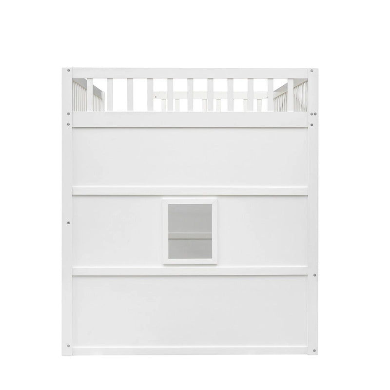 Lit mezzanine en pin massif blanc et gris, style château, avec échelle et barrières de sécurité