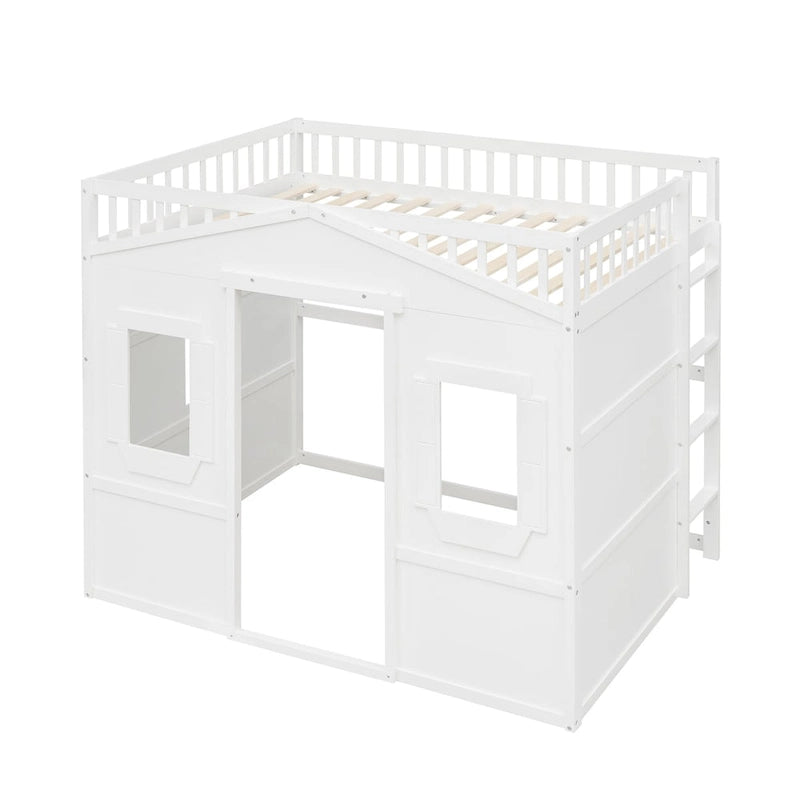 White Castle Style Full Size Solid Pine Wood Loft Bed with Ladder and Guard Rails
