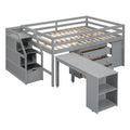 Gray Full Size Solid Wood Loft Bed with Retractable Desk, Storage Stairs, Storage Drawers, and Shelves