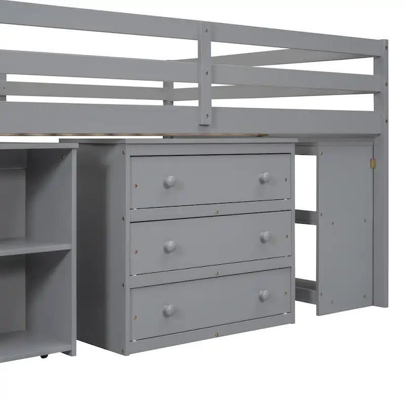 Lit mezzanine gris en bois massif taille normale avec bureau rétractable, escalier de rangement, tiroirs de rangement et étagères