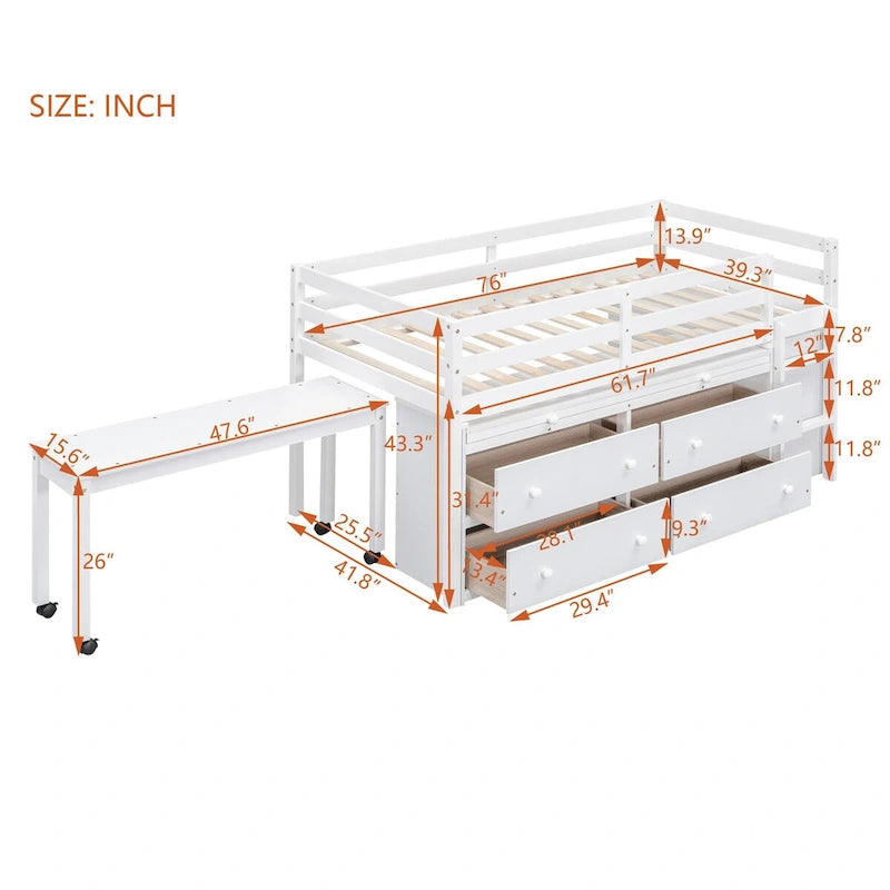 Twin Size Loft Bed with Desk and Drawers