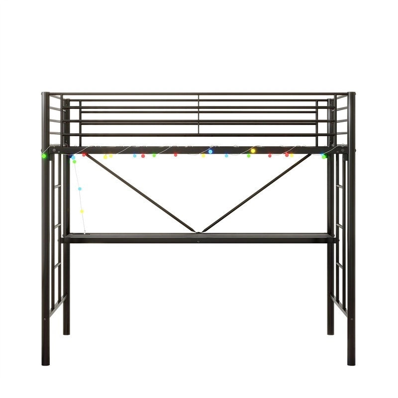 Lit mezzanine en métal avec bureau, prise de courant et éclairage LED, taille jumeau