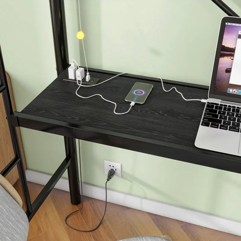 Lit mezzanine en métal avec bureau, prise de courant et éclairage LED, taille jumeau