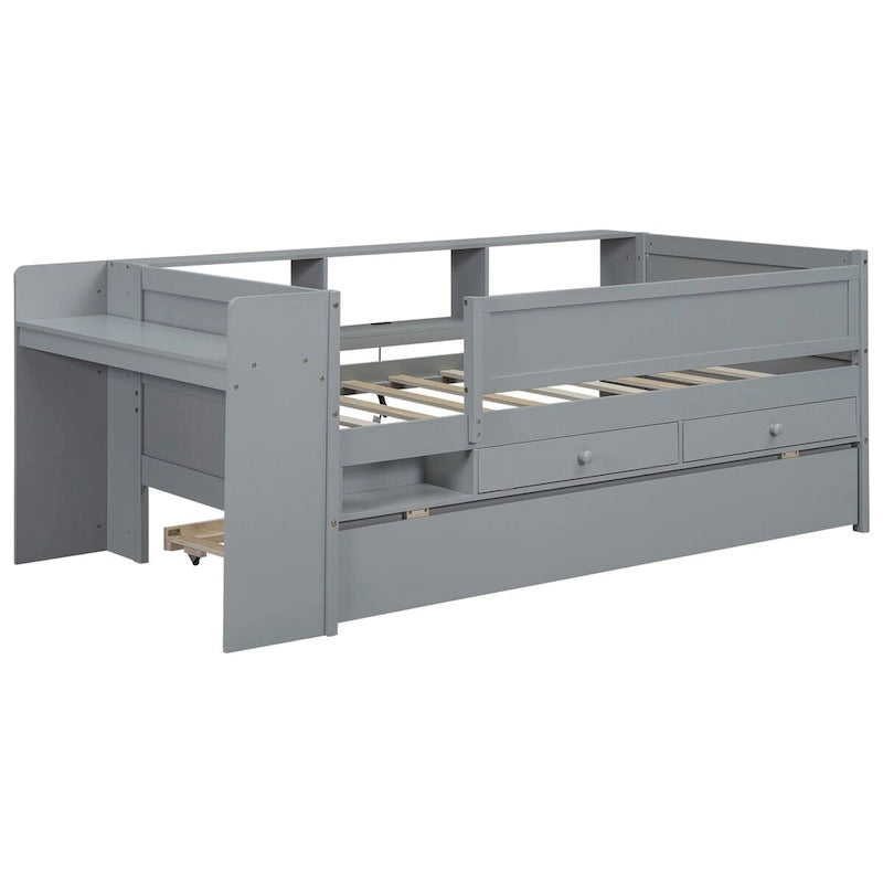 Lit de repos double multifonctionnel avec tiroirs et lit gigogne, rangement de tête de lit et tables, station de recharge USB