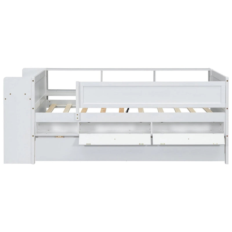 Lit de repos double multifonctionnel avec tiroirs et lit gigogne, rangement de tête de lit et tables, station de recharge USB