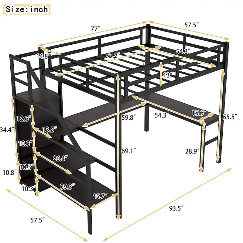 Lit mezzanine moderne avec bureau en L, armoire et ports USB