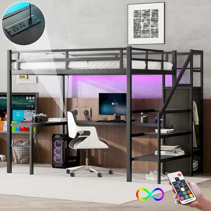 Lit mezzanine moderne avec bureau en L, armoire et ports USB