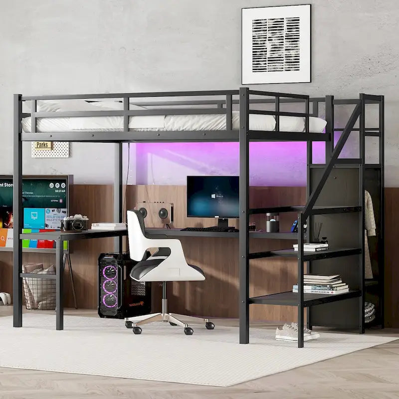 Lit mezzanine moderne avec bureau en L, armoire et ports USB