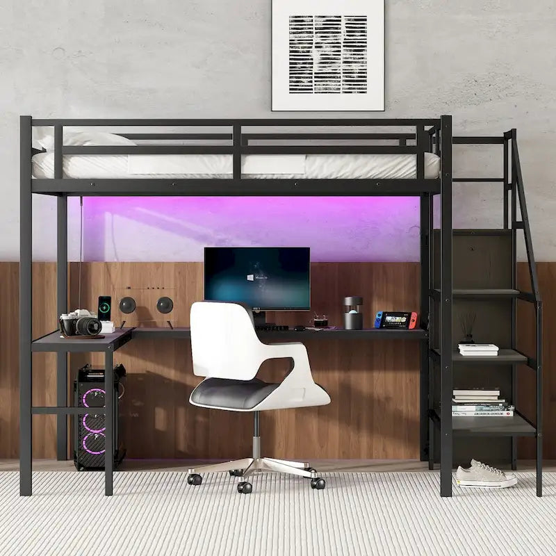 Lit mezzanine moderne avec bureau en L, armoire et ports USB