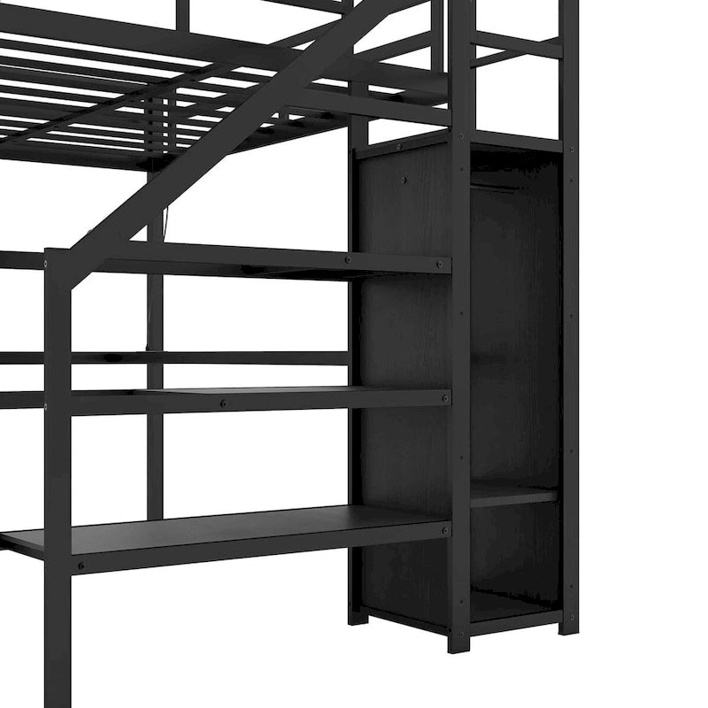 Lit mezzanine moderne avec bureau en L, armoire et ports USB