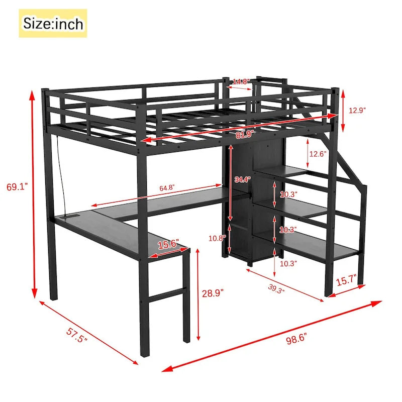 Lit mezzanine moderne avec bureau en L, armoire et ports USB