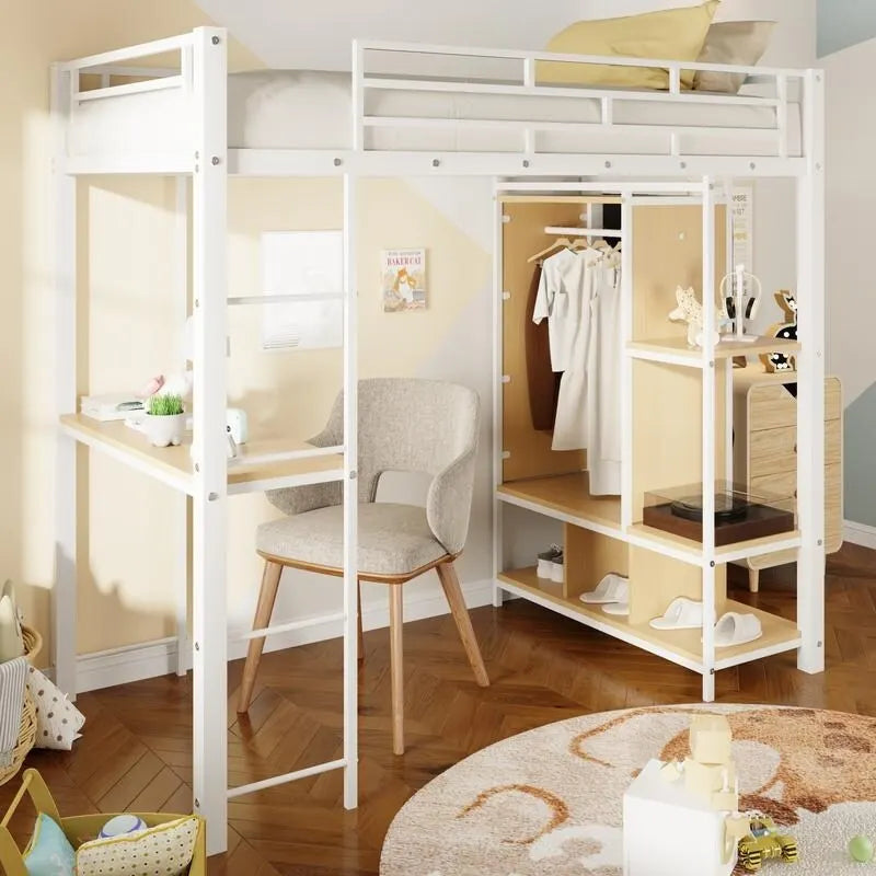 Lit mezzanine en métal pour lit simple avec armoire intégrée, bureau et étagères
