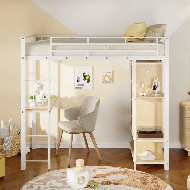 Lit mezzanine en métal pour lit simple avec armoire intégrée, bureau et étagères