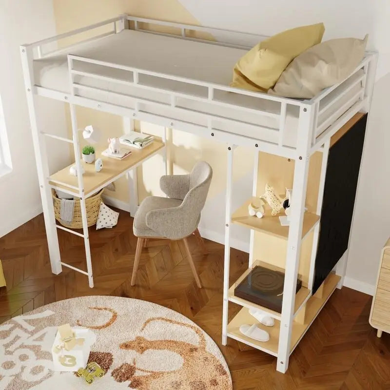 Lit mezzanine en métal pour lit simple avec armoire intégrée, bureau et étagères